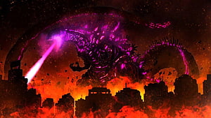 Shin Godzilla unleashing atomic breath over a burning city in apocalyptic destruction HD wallpaper