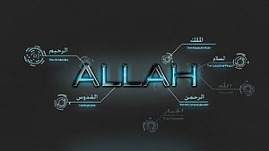 Allah Names Infographic with Arabic Calligraphy and Futuristic HUD Design HD wallpaper