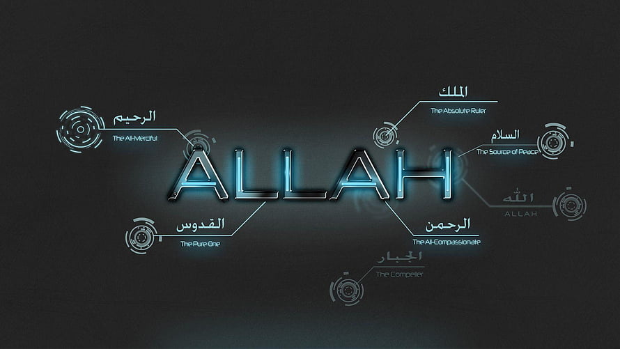 Allah Names Infographic with Arabic Calligraphy and Futuristic HUD Design HD wallpaper