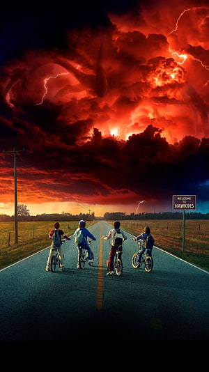 Stranger Things Season 3 Poster with Four Boys on Bikes Under a Red Stormy Sky HD phone wallpaper