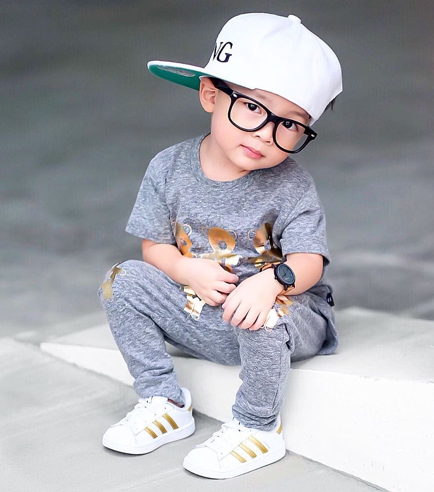 Stylish Toddler Boy in Grey Streetwear Outfit with White Cap and Glasses HD phone wallpaper