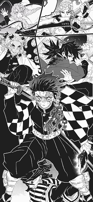 Demon Slayer Manga Panel Featuring Tanjiro Kamado and Hashira in Black and White HD phone wallpaper