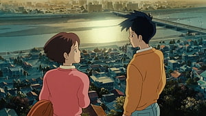 Whisper of the Heart Anime Scene: Two Characters Gazing at a Cityscape at Sunset HD wallpaper