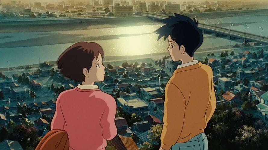 Whisper of the Heart Anime Scene: Two Characters Gazing at a Cityscape at Sunset HD wallpaper