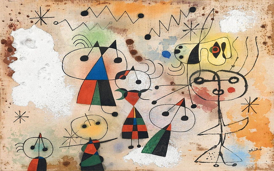 Joan Miro Abstract Composition with Geometric Figures and Playful Characters HD wallpaper