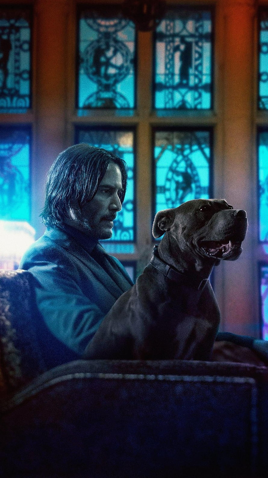 John Wick and His Dog in a Dimly Lit Room with Stained Glass Windows HD phone wallpaper