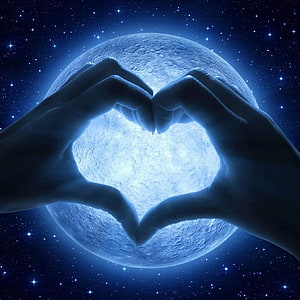 Hands Forming Heart Shape Against Glowing Full Moon in Starry Night Sky HD phone wallpaper