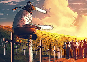Chainsaw Man Denji Sitting on Cross in Cemetery with Group of Characters at Sunset HD wallpaper