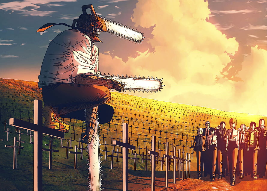 Chainsaw Man Denji Sitting on Cross in Cemetery with Group of Characters at Sunset HD wallpaper