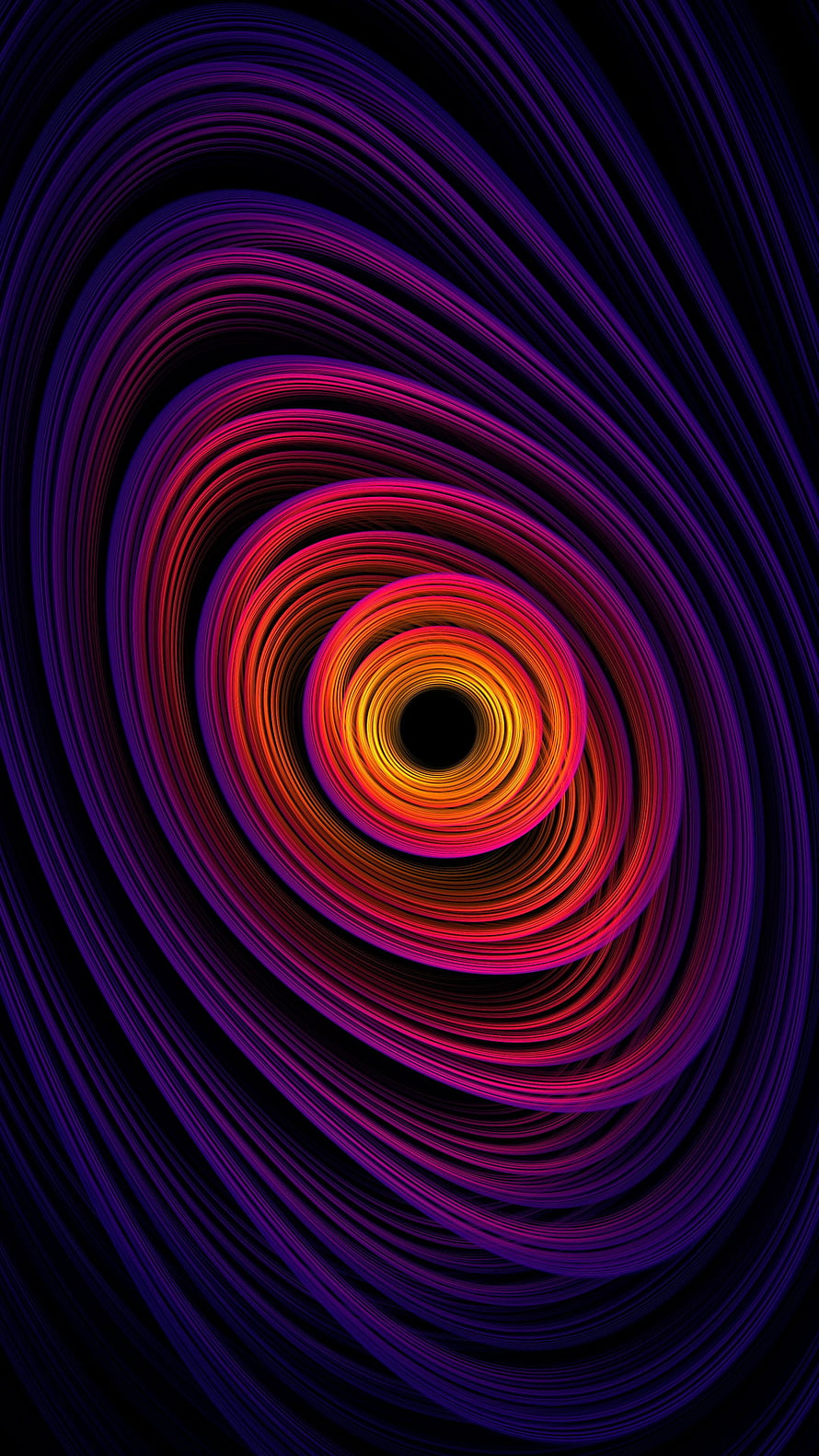Vibrant Neon Spiral Abstract Art with Purple and Orange Gradient Lines on Black Background HD phone wallpaper