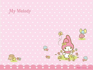 My Melody in a Pink Garden with Mushrooms and Flowers HD wallpaper