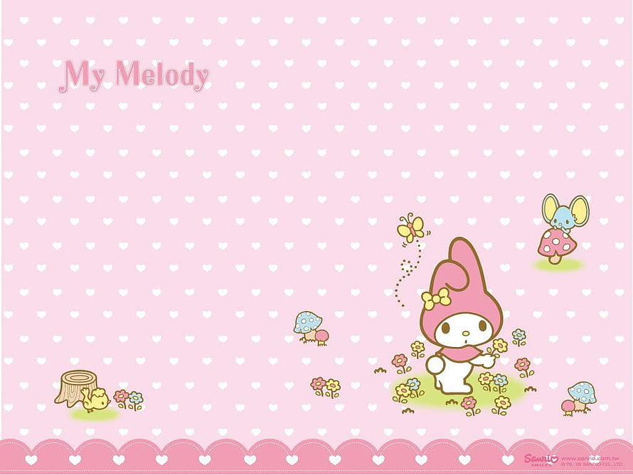 My Melody in a Pink Garden with Mushrooms and Flowers HD wallpaper