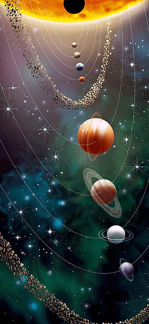 Solar System Planets and Asteroid Belt in Deep Space Nebula HD phone wallpaper
