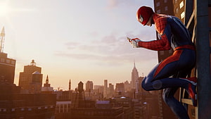 Spider-Man in Advanced Suit Perched on Building at Sunset Over City Skyline HD wallpaper