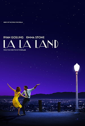 La La Land Movie Poster Featuring Ryan Gosling and Emma Stone Dancing Under a Starry Night Sky HD phone wallpaper