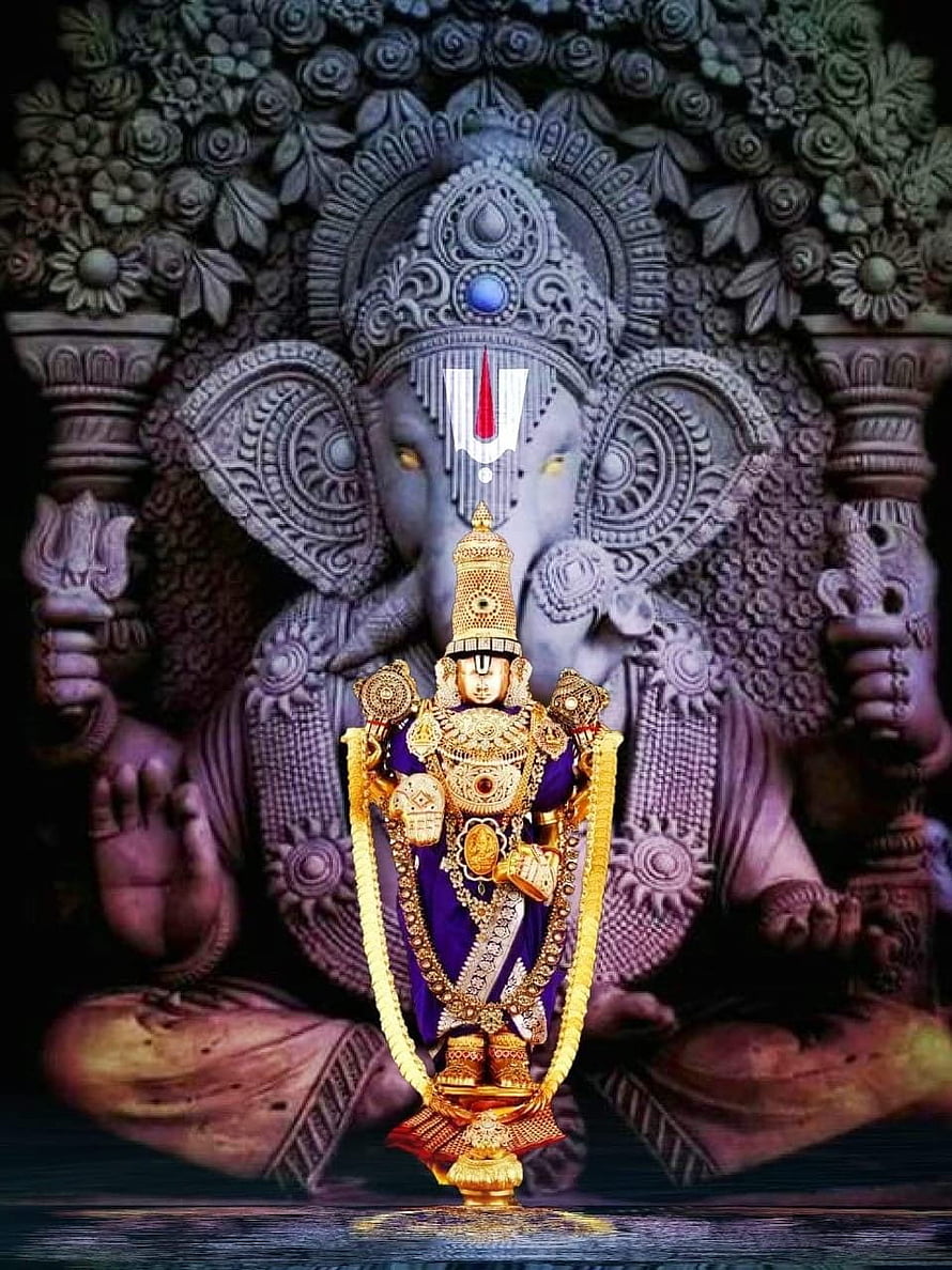 Ganesha Temple Idol with Golden Ornaments and Purple Garments HD phone wallpaper