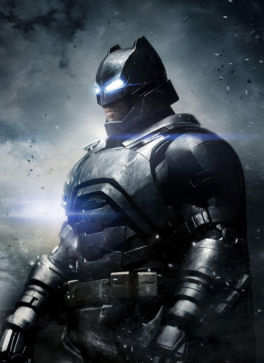 Ben Affleck Batman in Heavy Tactical Armor with Glowing Eyes Against Stormy Sky HD phone wallpaper