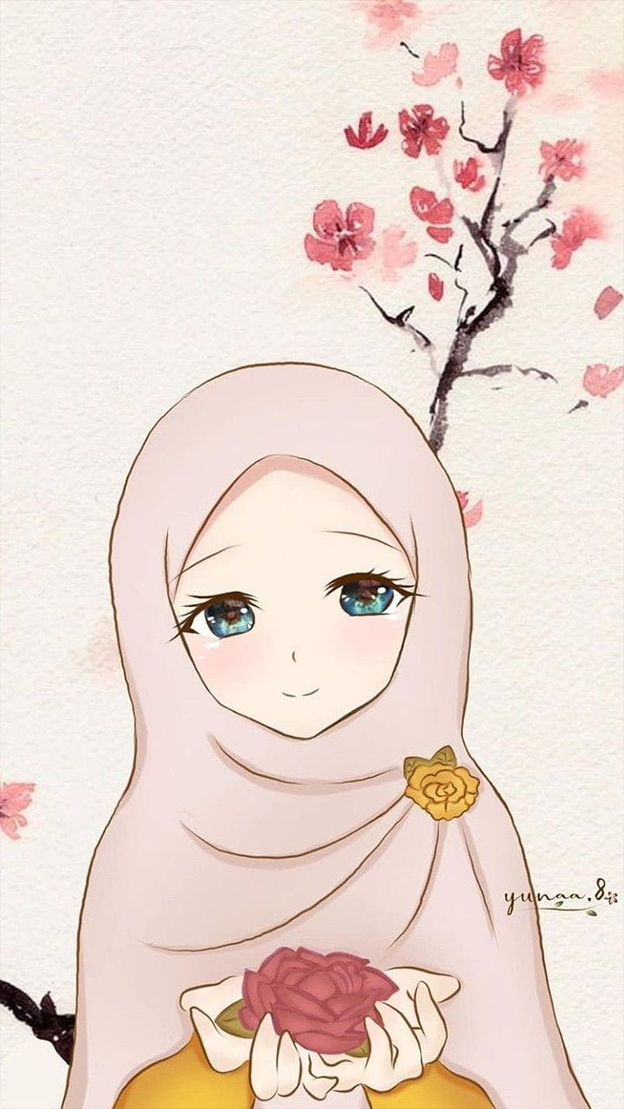 Cute Anime Muslim Girl in Hijab Holding a Rose with Cherry Blossoms HD phone wallpaper
