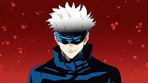 Tengen Jujutsu Kaisen Anime Character Portrait with White Hair and Blue Mask on Red Background HD wallpaper