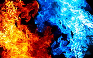 Vivid Contrast of Orange Flames and Blue Fire Swirling on Black Background HD wallpaper