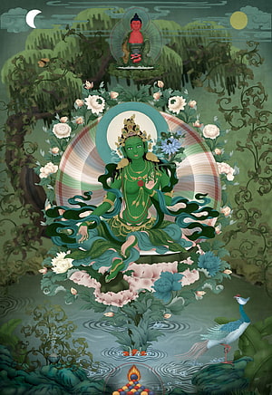 Green Tara Buddhist Deity Seated on Lotus Throne in Ornate Garden Setting HD phone wallpaper