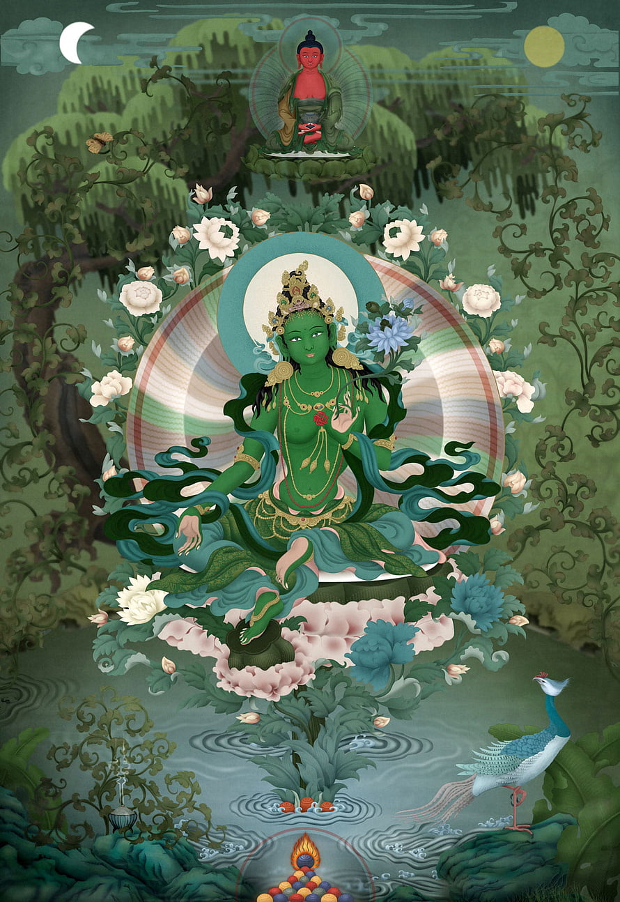 Green Tara Buddhist Deity Seated on Lotus Throne in Ornate Garden Setting HD phone wallpaper