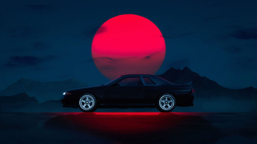 Black JDM Sedan Silhouette Against Giant Red Moon and Mountain Range HD wallpaper