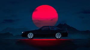 Nissan Skyline GT-R R32 Silhouette Against Giant Red Moon and Mountain Range HD wallpaper