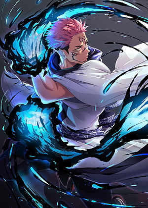 Jujutsu Kaisen Sukuna Anime Character Art with Blue Cursed Energy HD phone wallpaper