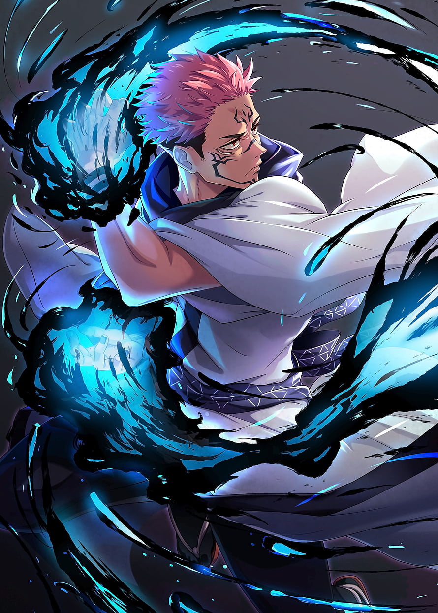 Jujutsu Kaisen Sukuna Anime Character Art with Blue Cursed Energy HD phone wallpaper