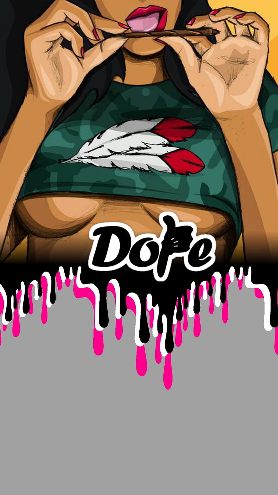 Dope Street Style Illustration of Woman Smoking Cigar with Feather Graphic Tee HD phone wallpaper