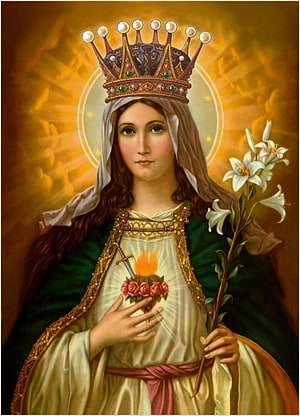 Immaculate Heart of Mary Religious Painting with Crown and Lilies HD phone wallpaper