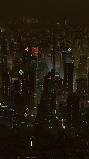 Dense Futuristic Cyberpunk Metropolis at Night with Neon Skyscrapers and Holographic Signs HD phone wallpaper