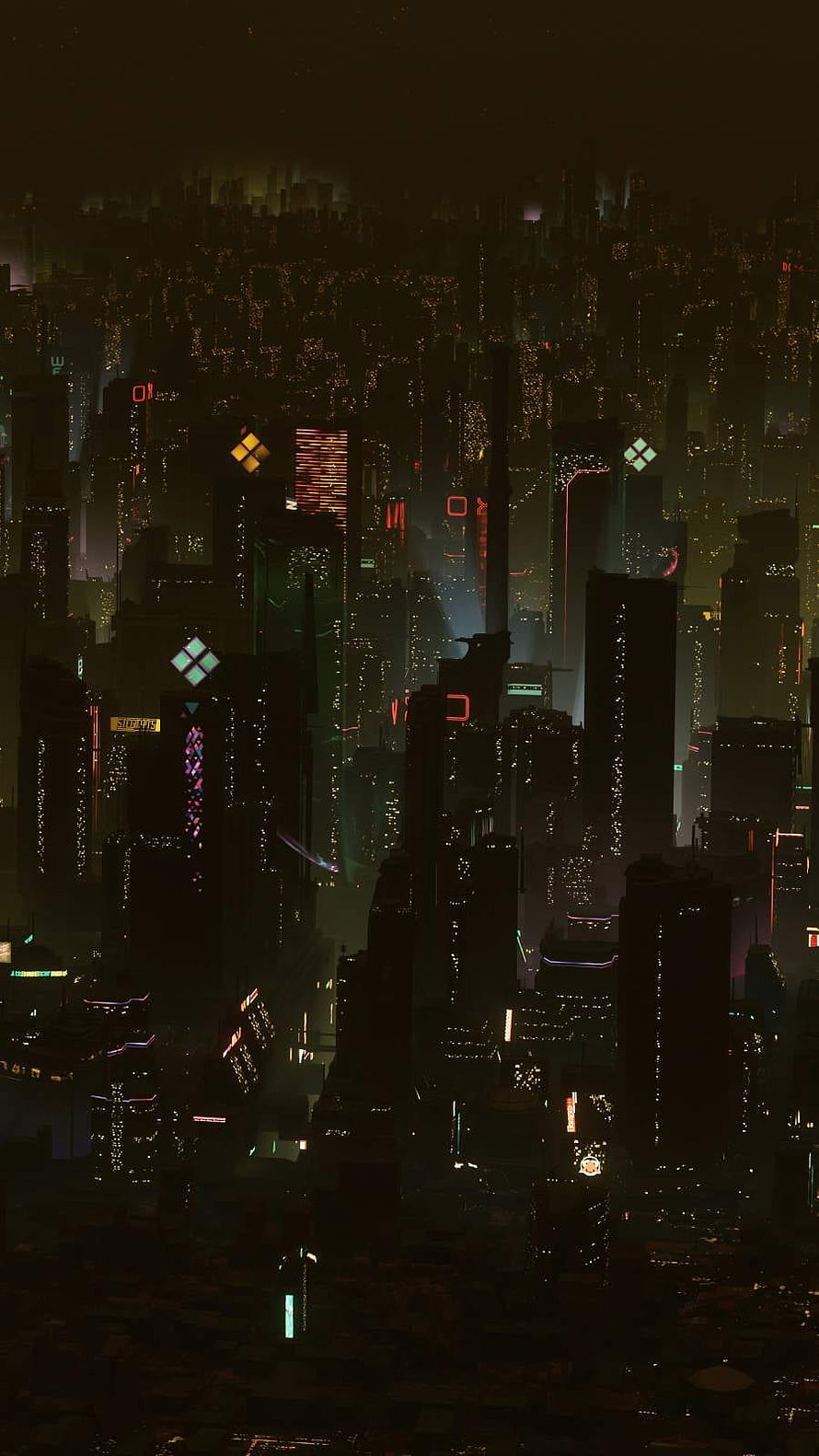 Dense Futuristic Cyberpunk Metropolis at Night with Neon Skyscrapers and Holographic Signs HD phone wallpaper