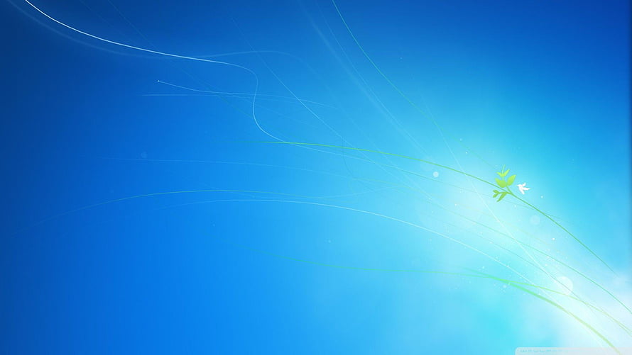 Windows 7 Default Blue Sky Background with Flowing Light Trails and Green Sprout HD wallpaper