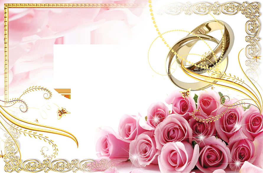 Elegant Wedding Invitation Design with Gold Rings and Pink Roses HD wallpaper