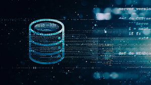 Glowing Blue Database Cylinder with Floating Code and Server Interface Elements HD wallpaper