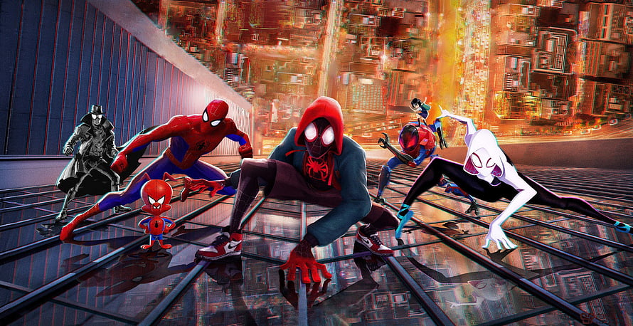 Spider-Man Across the Spider-Verse Multiverse Teamup on Rooftop HD wallpaper