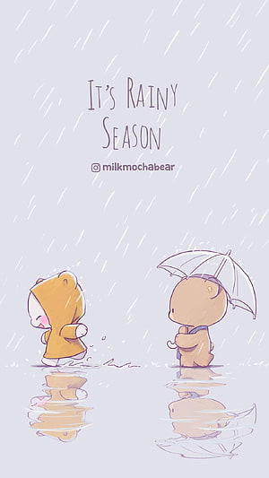 Milk and Mocha Bears Enjoying a Gentle Rainy Day with Umbrella and Raincoat HD phone wallpaper