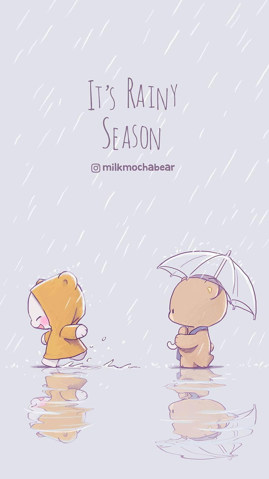 Milk and Mocha Bears Enjoying a Gentle Rainy Day with Umbrella and Raincoat HD phone wallpaper