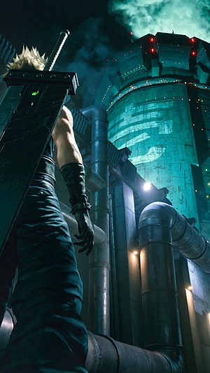 Cloud Strife from Final Fantasy VII Remake Standing Before Industrial Tower at Night HD phone wallpaper