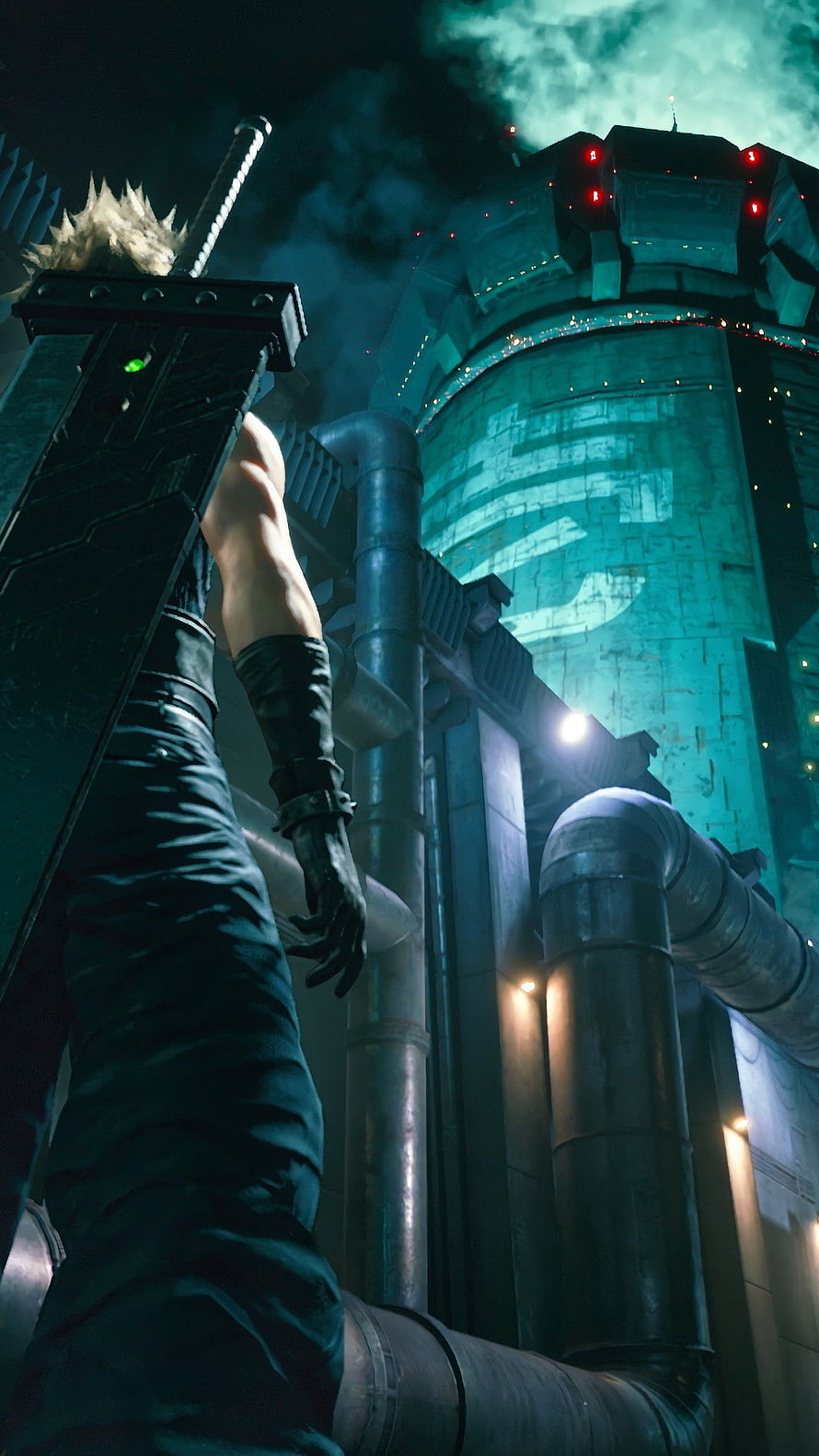 Cloud Strife from Final Fantasy VII Remake Standing Before Industrial Tower at Night HD phone wallpaper