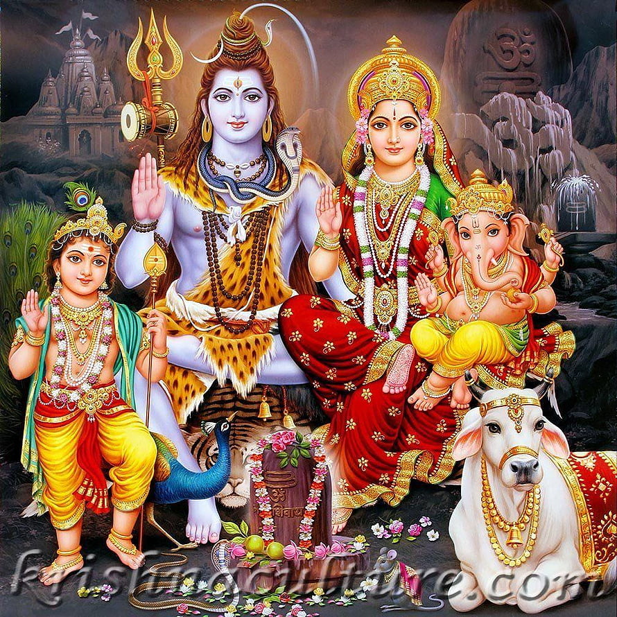 Lord Shiva Family Portrait with Parvati, Ganesha, and Kartikeya in Traditional Indian Art HD phone wallpaper