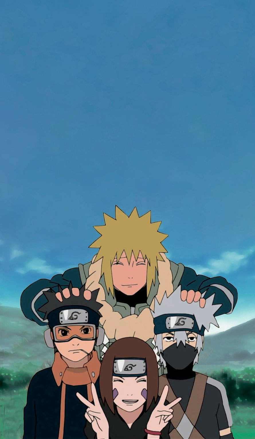 Naruto Team Minato Group Portrait with Obito Rin and Kakashi Under Blue Sky HD phone wallpaper