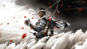 The Ghost of Tsushima White Ghost warrior in pampas grass with katana and bow HD wallpaper