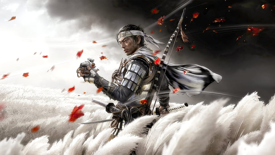 The Ghost of Tsushima White Ghost warrior in pampas grass with katana and bow HD wallpaper