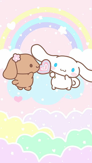 Cinnamoroll and Mocha Sharing a Heart Lollipop Under a Pastel Rainbow HD phone wallpaper