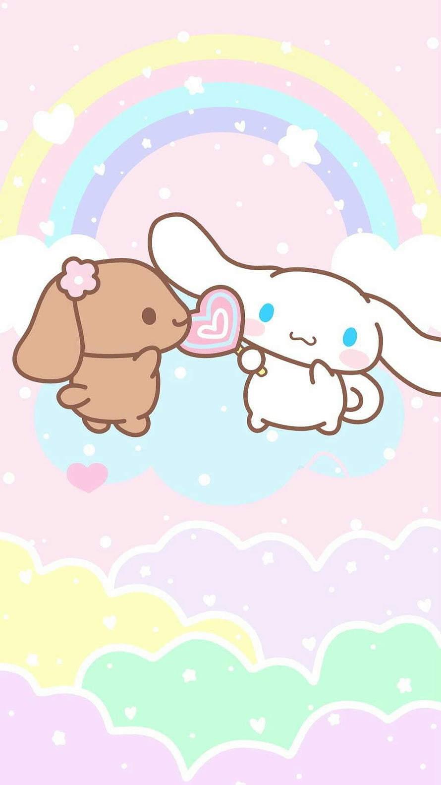Cinnamoroll and Mocha Sharing a Heart Lollipop Under a Pastel Rainbow HD phone wallpaper