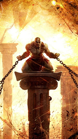 Kratos Breaking Chains on a Greek Pedestal in God of War Concept Art HD phone wallpaper