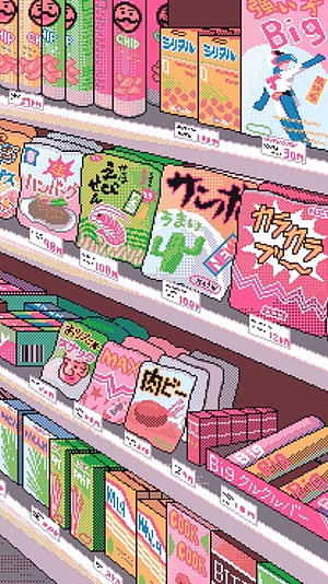 Retro Pixel Art Japanese Convenience Store Shelves With Colorful Snack Packaging HD phone wallpaper